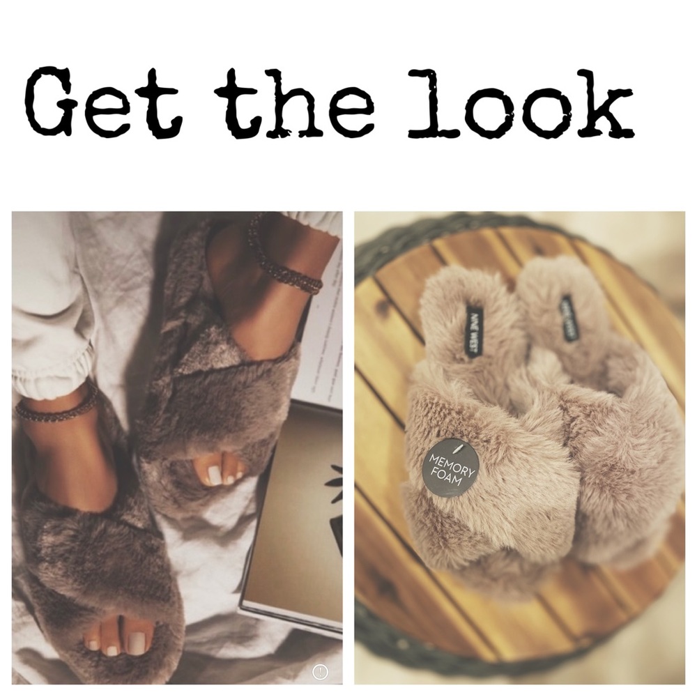 Nine West Taupe Teddy Faux Fur Memory Foam Slide Slippers